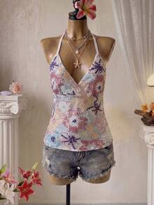 Glamine Top de tirantes finos sin espalda con bordado de lentejuelas verde para mujer, top sexy de moda para vacaciones, top con bordado de lentejuelas - Blanco - Ver 5