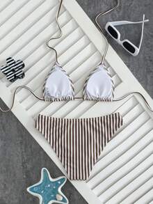 Swim Mod 女款夏季黑色配白色波點印花新款性感掛脖低腰三角比基尼套裝 - 棕色 - 查看 2