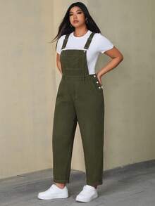 SHEIN ICON 大尺碼女款純色口袋休閒百搭日常牛仔連身褲 - 墨綠色 - 查看 4