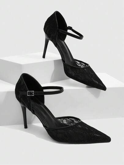 CUCCOO SZL Elegant Women's Black Lace Pointed-Toe Stiletto Heels (With Ankle Strap)