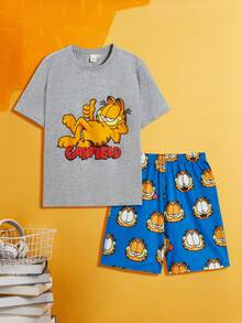 GARFIELD | SHEIN Tween男孩卡通短袖T恤和短褲睡衣套裝，夏季 - 灰色 - 查看 8
