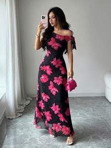 Elenzga 女款不對稱單肩印花休閒熱帶風優雅派對度假旅行洋裝 亮粉色 夏季 - 黑色 - 查看 4