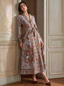 Anewsta Autumn/Winter Brown Vintage Bohemian Print Tie-Front Long Dress For Women - Coffee Brown - View 4