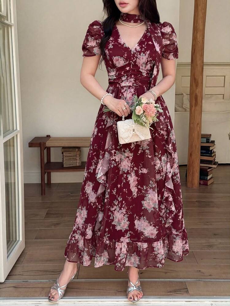Feyla Elegant Romantic Floral Print Ruffle Trim Women's Dress Tea Party Pink Floral Summer - Burgundy - View 5