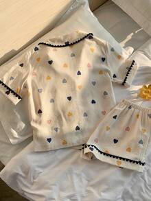 Comfortcana 五顏六色愛心印花對比邊飾襯衫領女士睡衣套裝 - 彩色 - 查看 2