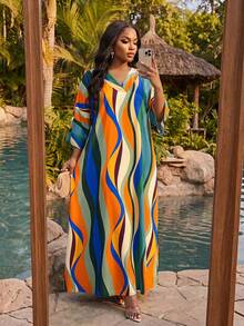SHEIN Lady Women Striped Maxi Dress Kaftan V Neck Short Sleeve Loose Fit Flowy Colorful Orange Blue Green Multicolor Boho Bohemian Summer Beach Vacation Resort - Multicolor - View 3