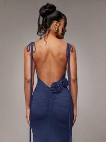 Silquee Women's Summer Sexy Elegant Solid Color Backless Spaghetti Strap Dress Night Out Navy Blue - Navy Blue - View 4