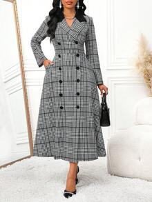 SHEIN Lady Women's Houndstooth Double-Breasted Long Sleeve Pocket Midi Dress - Multicolor - View 1