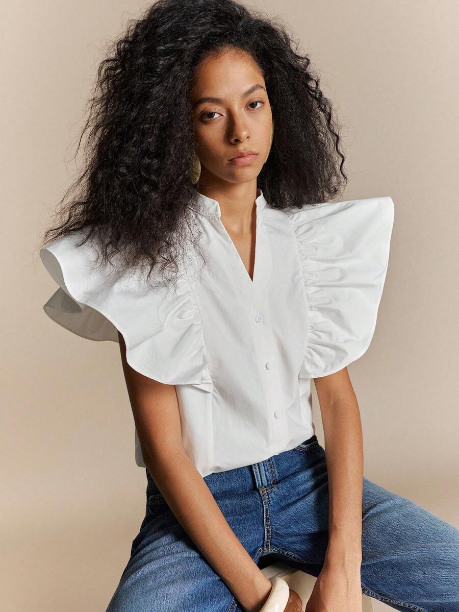 SHEIN French-Style Casual White Pure Cotton V-Neck Button-Down Shirt With Oversized Flutter Sleeves-Perfect For Work, Holidays, Or Casual Outings. - White - View 1