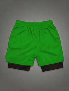 GymBeat Pantalones cortos deportivos de doble capa con cordón en la cintura y estampado de letras para hombre, gimnasio - Negro - Ver 2