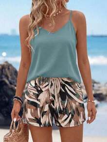 SHEIN LUNE Casual Minimalist Women's Solid Color Camisole And All-Over Print Shorts 2-Piece Set, Suitable For Summer - Multicolor - View 4