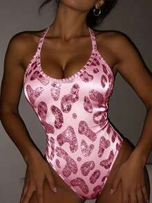 Rovax Women's Spaghetti Strap Leopard Print Bodysuit, Sexy Sleeveless Fitted Digital Printed Bodysuit - Multicolor - View 3