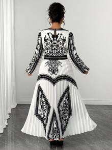 Elenzga Frühling Sommer Herbst Blumenmuster Ganzweiß Muster Rundhals Langarm Slim Fit gerafft A-Linie elegant 70er Jahre Lässig Große Größen Damenkleid Abend Party - Schwarz und Weiss - Übersicht 2