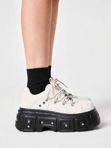 ROMWE Grunge Punk Women Heeled Sandals2026 New Fashion Spring And Autumn Punk Style Dark PU Round Toe Thick Sole Heightening Niche Design Rivet Skull Head Lace-Up Shoes Y2K - Beige - View 5