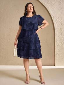 Reflora Vestido de verano elegante de talla grande con unicolor y capas con recortes - Azul - Ver 5