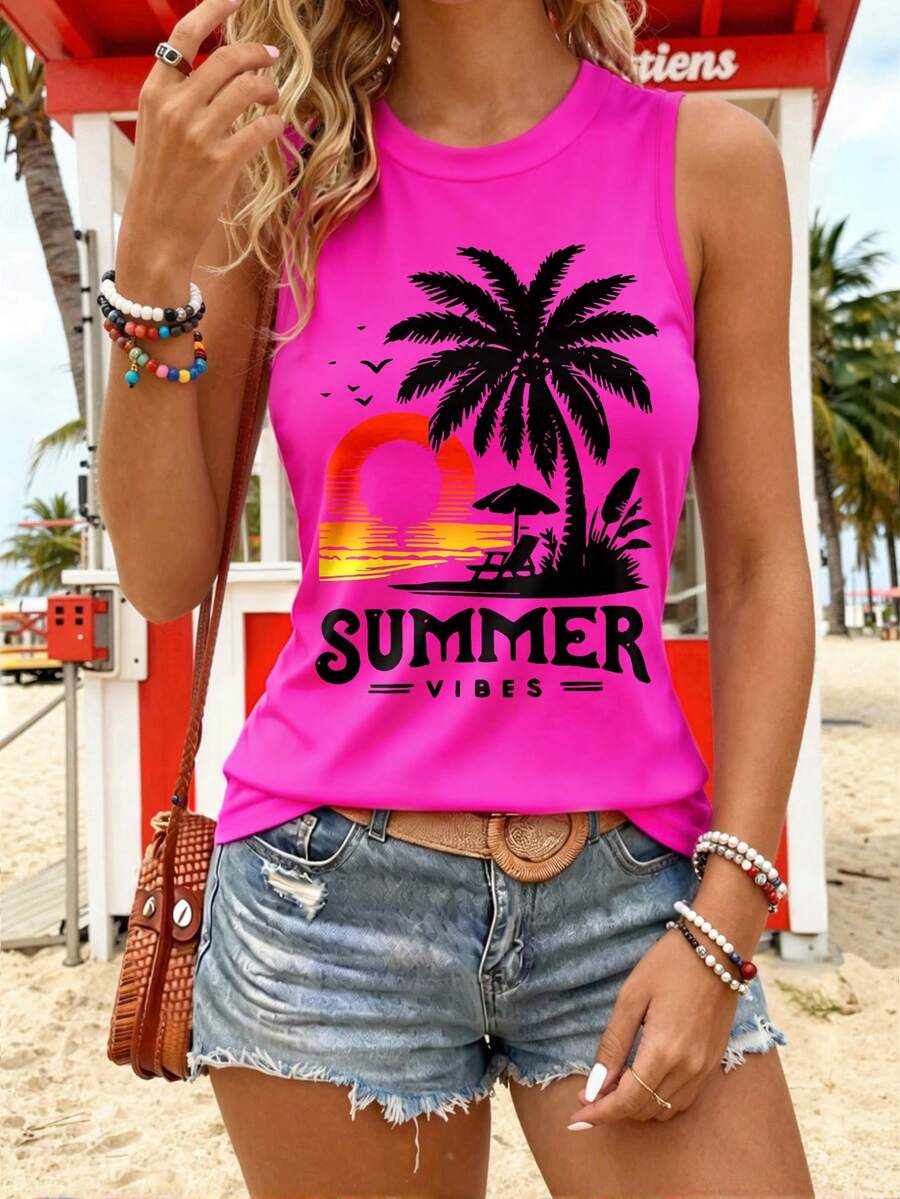 SHEIN LUNE Plus Size Tropical Print Casual Vacation Tank Top - Hot Pink - View 1