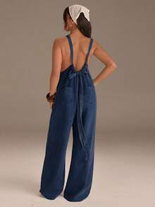 Athîral Denim 女款百褶寬腿寬鬆休閒牛仔掛脖連身褲 - 藏蓝色 - 查看 2