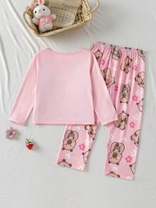 女童休閒可愛水豚印花長袖秋季/冬季褲子牛奶絲面料居家服套裝圓領針織卡通動物2件組柔軟舒適 - 粉色 - 查看 3