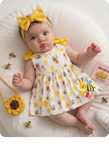 SHEIN Newborn Baby Girl Summer Cute Pattern Sleeveless Dress - Mustard Yellow - View 1