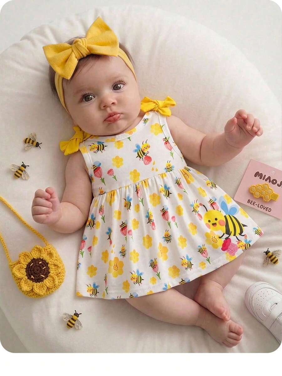 SHEIN Newborn Baby Girl Summer Cute Pattern Sleeveless Dress - Mustard Yellow - View 1
