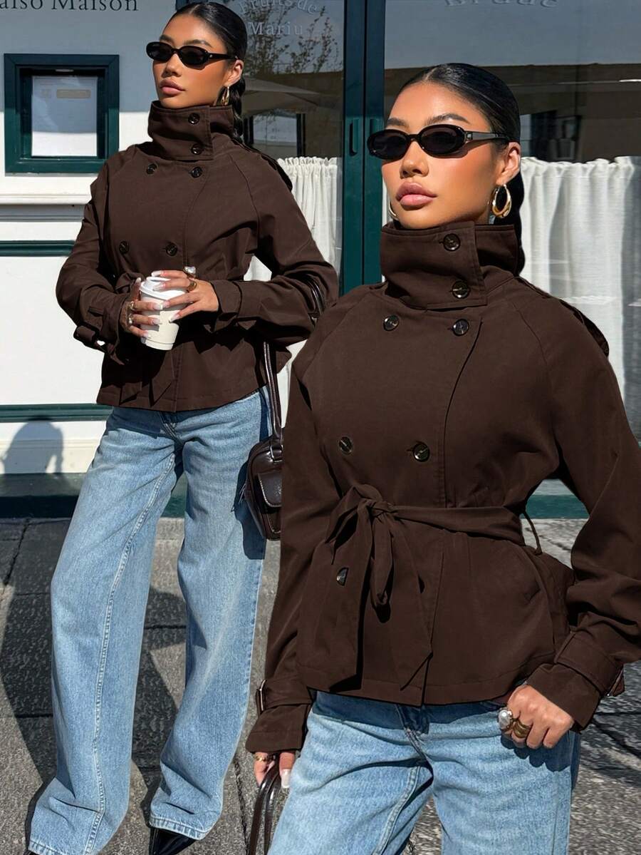 Muchica Chaqueta gabardina de moda versátil para mujer con cuello alto, diseño de lazo en la cintura y unicolor - Marrón Chocolate - Ver 1