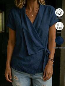 SHEIN Women's Blue Cross V-Neck Tie Front Blouse, Women's Vacation Shirt - Navy Blue - View 4
