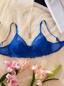 Crystal Vow Lace Patchwork Solid Color Underwire Push-Up Semi-Sheer Unlined Women's Bra - Royal Blue - View 2