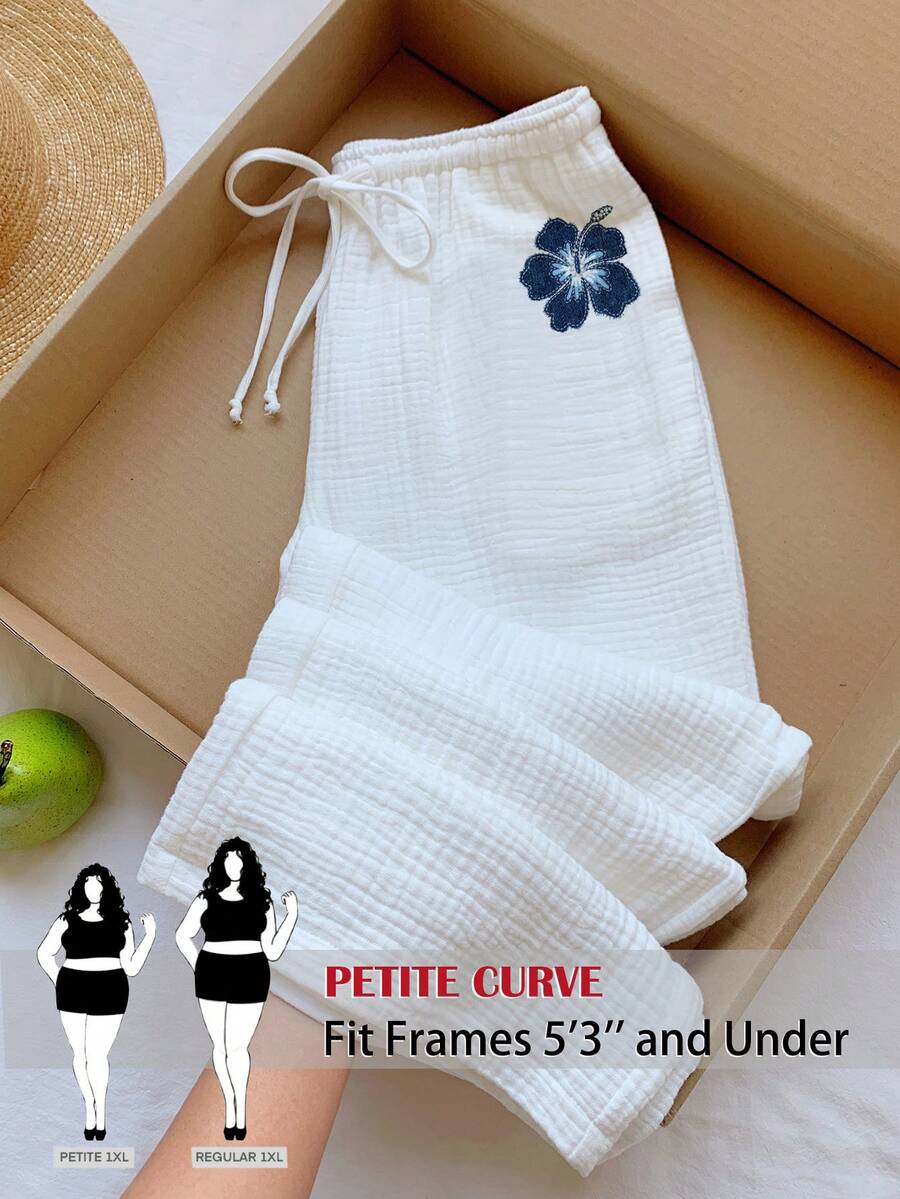 SHEIN PETITE CURVE 大码女式印花抽绳阔腿宽松沙滩裤,100%纯棉,夏季休闲款 - 白色 - 查看 1
