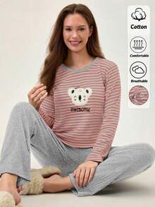 Loomlin 2pcs Cotton Contrast Colour Striped With Koala Embroidery Detail PJ Set - Multicolor - View 4