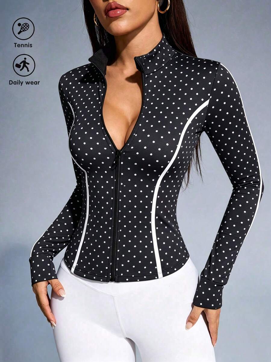 SHEIN Dewbera 女款波點拼色拉鍊休閒百搭日常旅行運動夾克 - 彩色 - 查看 1