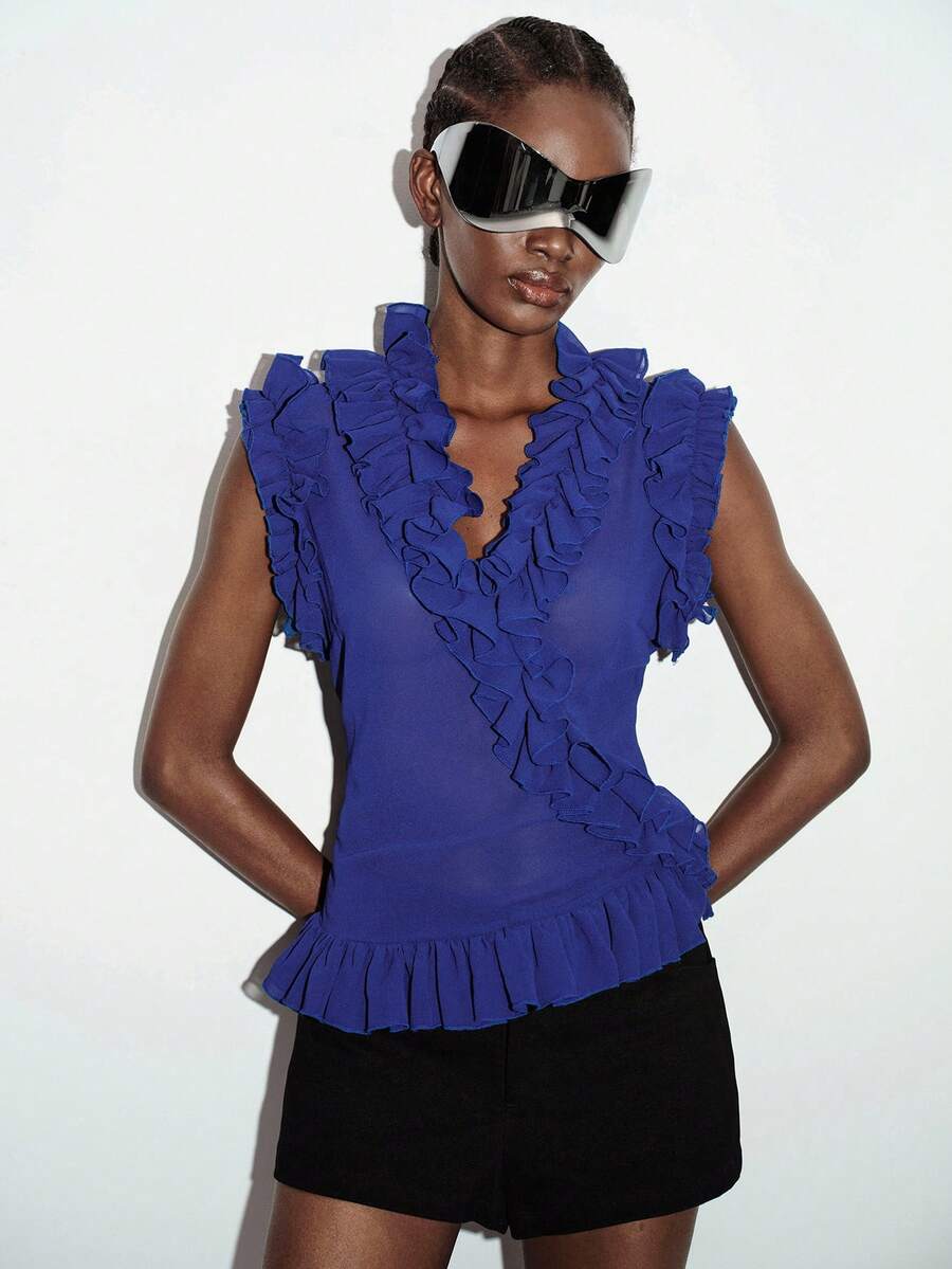 Aveloria GENKIRA Spring Summer European Style Solid Color Matte V-Neck Sleeveless Top With Asymmetric Ruffle Hem And Pleated Royal Blue Party Night Night Out Elegant - Blue - View 1