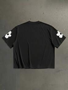 StoneGrade Plus Size Men Summer Letter & Floral Print Short Sleeve Casual T-Shirt - Black - View 3