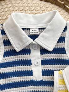 SHEIN Vintaside Kids 2件裝女嬰 Polo 領鈕扣式無袖針織提花黃藍條紋荷葉邊下擺背心洋裝，可愛休閒活力短洋裝，適合夏季日常穿著、居家、旅行與度假 - 彩色 - 查看 5