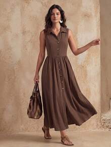Faunlyn Women's Summer Casual 70s 2000s Solid Color Front Button Sleeveless Dress Vacation Coffee Brown - Brown - View 5
