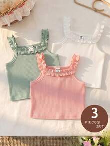 SHEIN Genkimix Kids 3件組少女夏季純色棉質羅紋彈性荷葉邊背心上衣 - 彩色 - 查看 6
