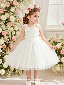 Glamorique Kids Girls Birthday Party Children's Dress Floral Spaghetti Strap Backless Mesh Princess Gown Flower Girl Puffy Tulle Skirt - White - View 3