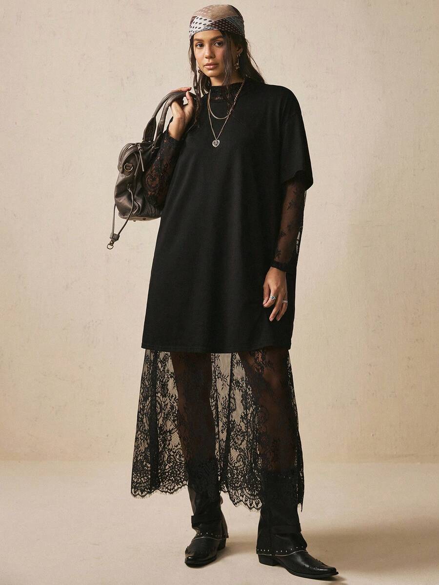 Freevana 2件組 大尺碼女款黑色T恤 + 蕾絲長裙 - 黑色 - 查看 1