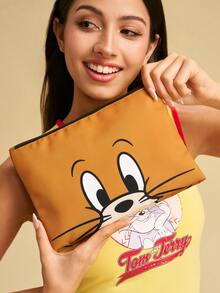 TOM & JERRY X SHEIN 1件/1套臉部印花聚酯纖維化妝包，多尺寸大容量旅行盥洗收納袋，可愛卡通收納袋，適合女性、青少年女孩與粉絲，完美適用於日常旅行與化妝品收納 - 黃灰色 - 查看 6