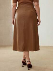 MOTF PREMIUM PLUS SIZE WOMEN'S PU LEATHER ELEGANT FASHIONABLE METAL DECOR WRAP HEM SKIRT FALL - Khaki - View 7
