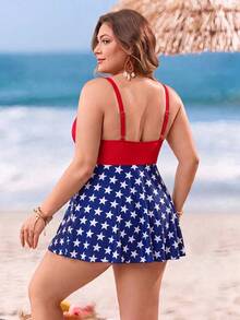 Swim Lushoire 女款時尚大尺碼成熟風泳衣 Tankini 上衣與三角泳褲 2 件套 - 紅色 - 查看 2