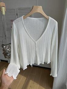 SHEIN 少女純色長袖單排扣休閒針織開襟衫 - 白色 - 查看 3