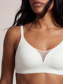 Barelissa 1pc Seamless Mesh Patchwork Solid Color Ruffle Edge Adjustable Removable Padded Wireless Bra - White - View 3