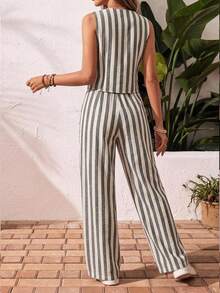 SHEIN Frenchy 51 棉製女款休閒度假背心與長褲兩件套，黑白條紋，夏季街頭風，適合日常通勤、約會早午餐、聖誕節 - 彩色 - 查看 2