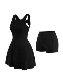 Cheerettes Women's Solid Black Minimalist Pleated Athleisure Sports Dress And Shorts Set, All Season Athletic Modest Style For Gym Tennis Workout & Going Out - Black - View 18