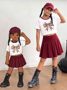 SHEIN 2件組少女甜酷學院風可愛套裝，對比色圓領T恤搭配酒紅色百褶迷你裙，蝴蝶結印花，夏季白色 - 紅色 - 查看 3