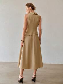 MOTF PREMIUM Vestido midi sin mangas de unicolor para ir al trabajo para mujer - Caqui - Ver 3