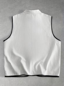 ROMWE MEN Street Life Men's Frog Button Lace Patchwork Contrast Color Fashion Denim Vest - Black and White - View 9