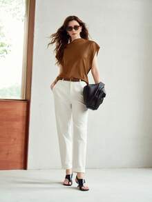 MOTF PREMIUM WOMEN'S SUMMER FASHION COMMUTE MINIMALIST SOLID COLOR ASYMMETRICAL NECKLINE BATWING SLEEVE LOOSE FIT T-SHIRT - Coffee Brown - View 5