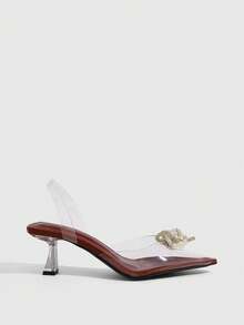CUCCOO SZL Sepatu hak tinggi wanita model slingback transparan dengan detail pita berhiaskan rhinestones dan mutiara, ujung runcing. - Merah - View 2