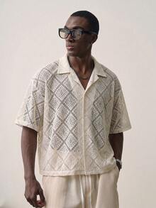 STYNVO Men's Short Sleeve Single-Breasted Button-Up Semi-Transparent Shirt - Beige - View 1